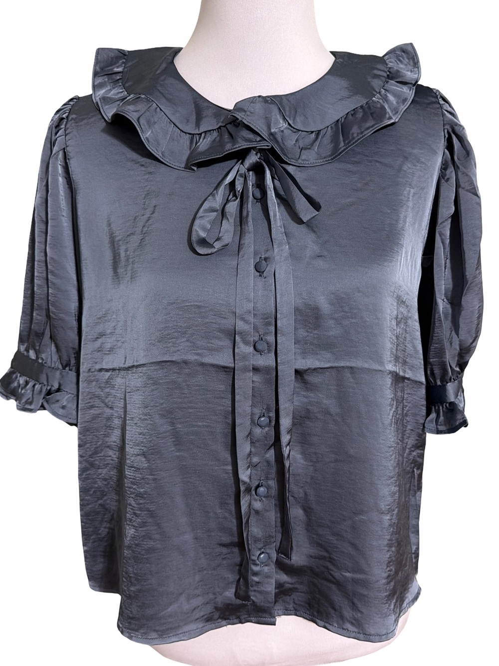 Joie Charcoal Gray Satin Ruffle Tie-Neck Blouse